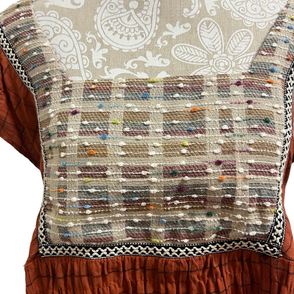 Rust Orange Entro Boho Embroidered Square Neck Ruffle Sleeve Top Size Small - Picture 9 of 10